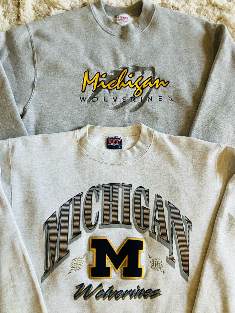 VNTG 90s 2 Michigan Wolverines Football Embroidered Crewneck Sweatshirts Size L